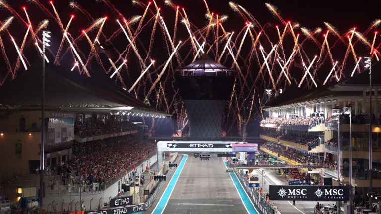 Night view of Yas Marina Circuit grandstands during the Abu Dhabi Grand Prix