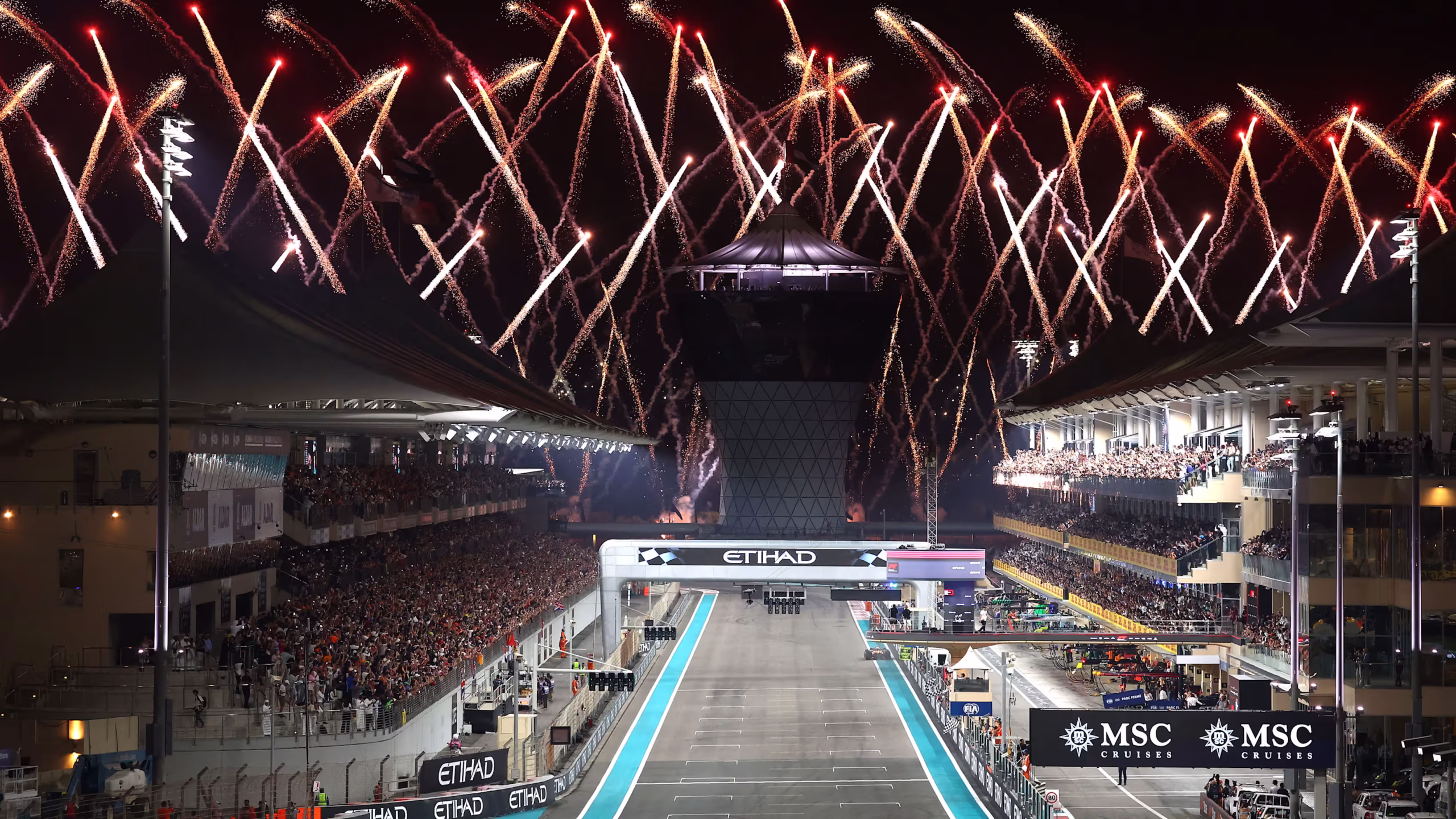 Night view of Yas Marina Circuit grandstands during the Abu Dhabi Grand Prix
