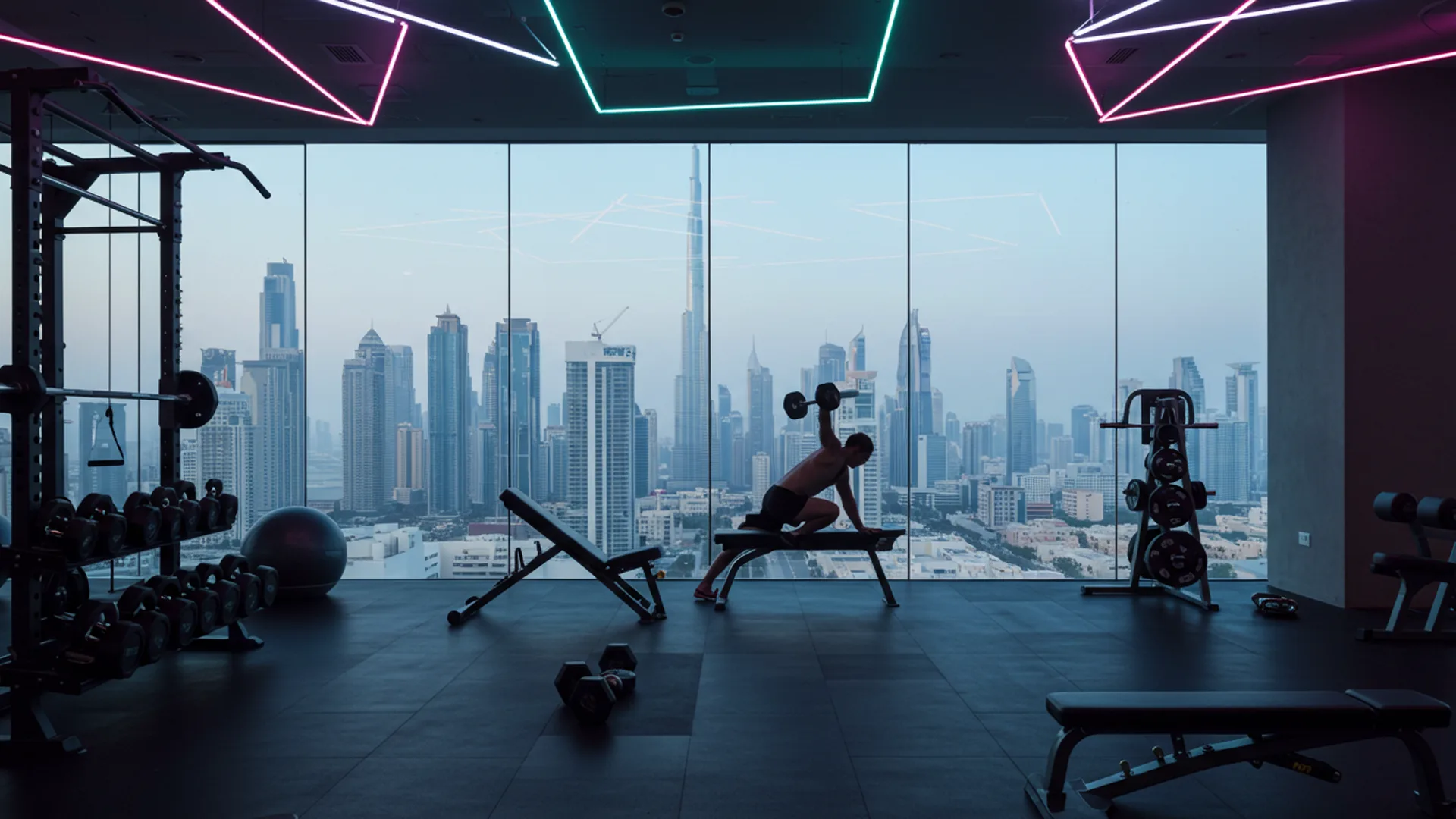 Fitness class in a modern Dubai gym with skyline views