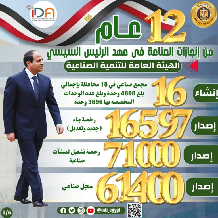 هيئة التنمية الصناعية المصرية: 16 مجمعاً صناعياً وأكثر من 6500 قطعة أرض مخصصة للمستثمرين منذ 2014